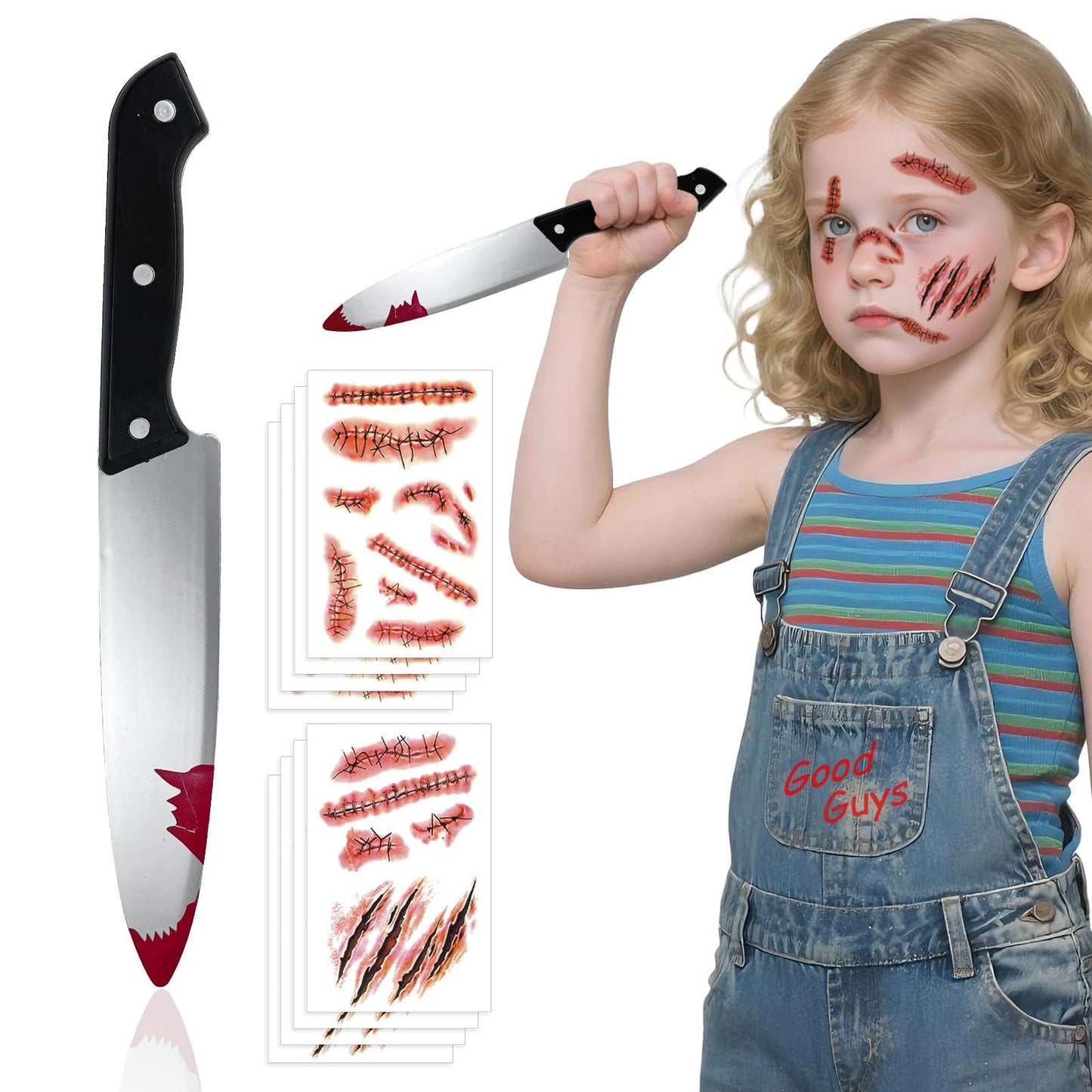 Halloween 12.2" Fake Knife Prop & 10 Sheets Realistic Fake Stitches Temporary Tattoo Set, Horror Chucky Costume Zombie Vampire Makeup Prank Props Cosplay Accessories for Kids Adults