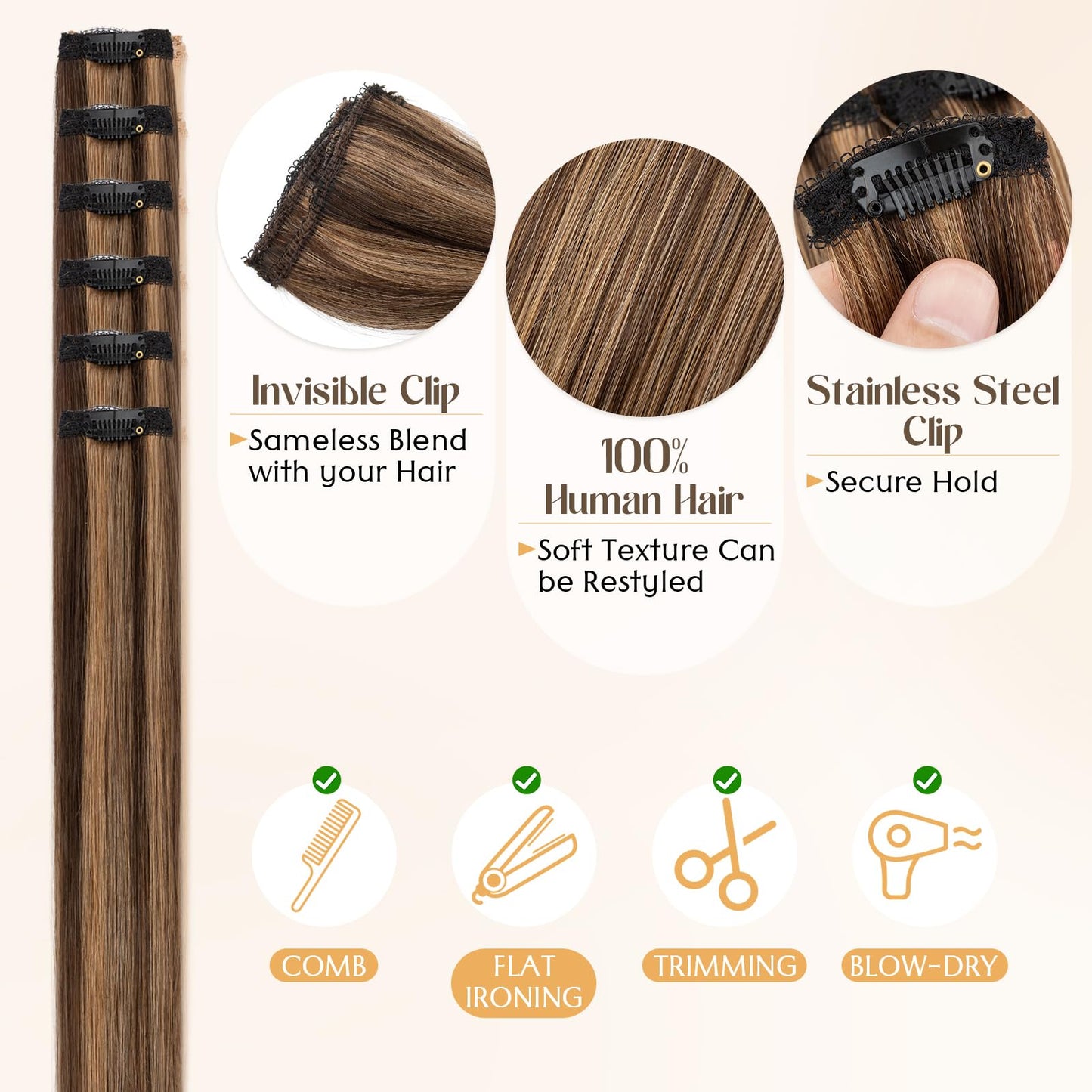 S-noilite 6Pcs Clip in Human Hair Extensions,Remy Single Short Clip in Hair Extensions 6Pcs 6clips Straight Seamless Hairpieces for Women 14Inch 36g #2PR6
