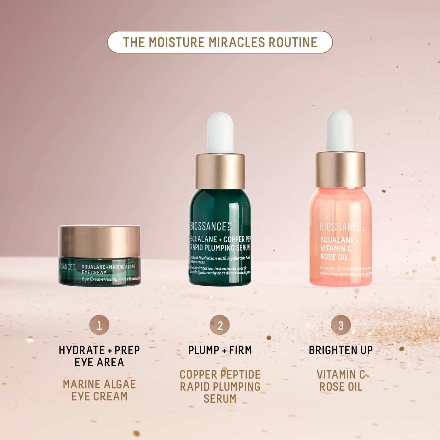 Biossance, Moisture Miracles Holiday Gift Set, Vitamin C Rose Oil, Marine Algae Eye Cream, Copper Peptide Rapid Plumping Serum, facial skincare set