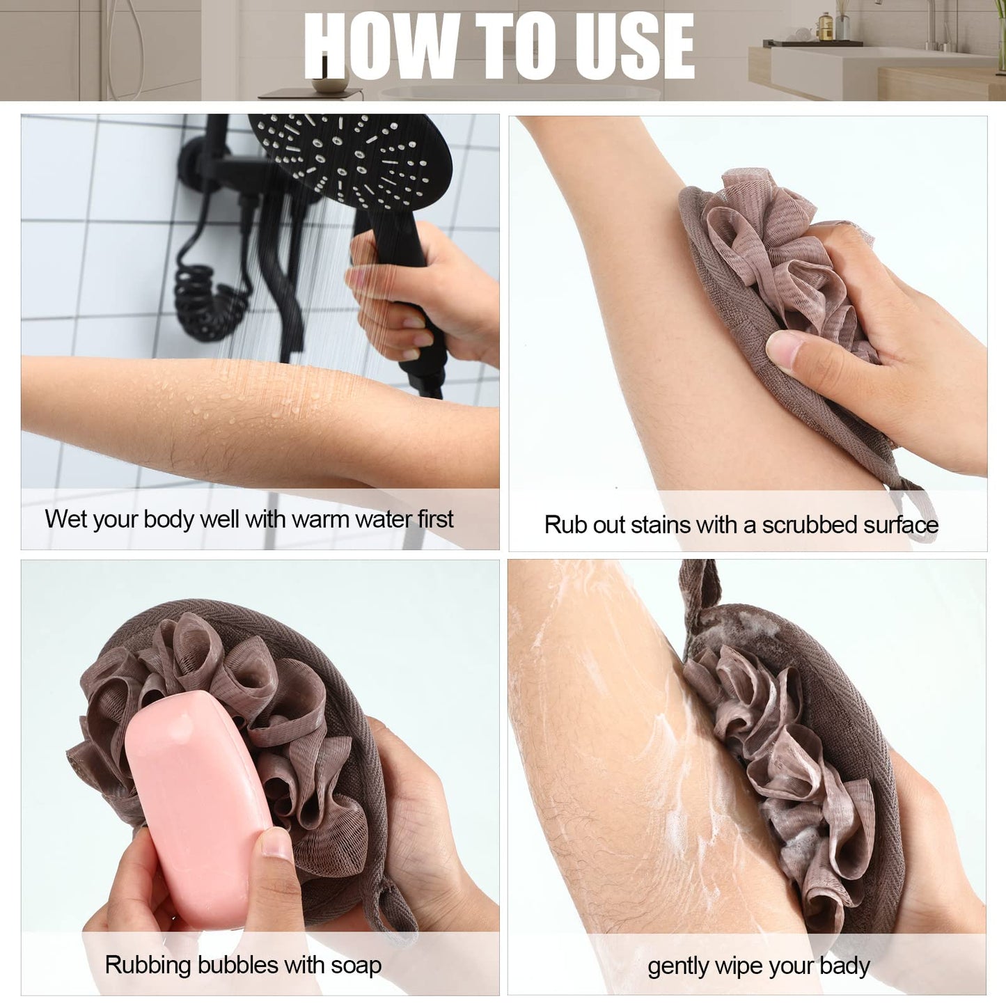 Zopeal 12 Pieces Shower Puff Bath Travel Loofah with Elastic Hand Strap, 30g Each, Exfoliating Shower Gift Bulk Washable Loofah Mesh Sponges Bath Flower Ball Pad Body Scrubber for Men and Women