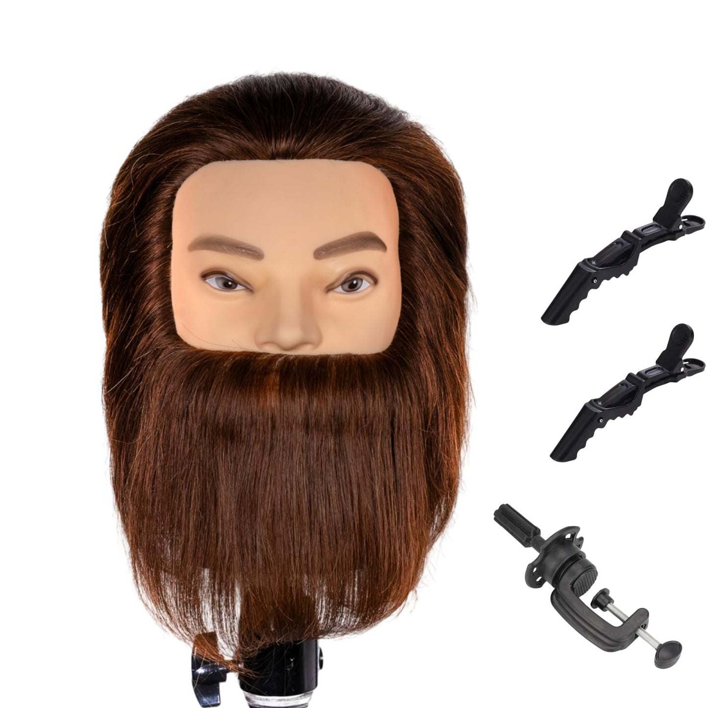 Human Hair Male Mannequin Head - 100% Realistic Cosmetology Display with Stand | Brown with Beard