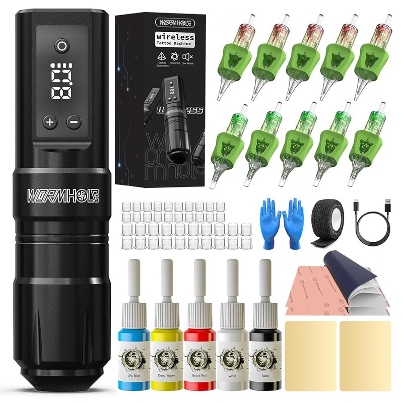 Wormhole Tattoo Kit for Beginners - Wireless Tattoo Gun, 1300mAh Cordless Pen Machine for Lining & Shading | Complete Supplies for Home Practice & Travel