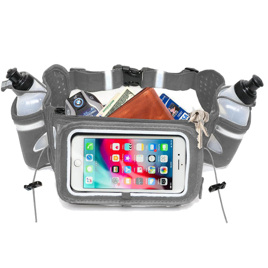 No.1 Hydration Belt by Runtasty - Premium Winners' Running Fuel Belt w/2 BPA-Free 10 oz Water Bottles, Tilt-Up Pocket w/Touchscreen-Ready Cover - Fits All iPhones, No-Bounce Design (Platinum Gray)