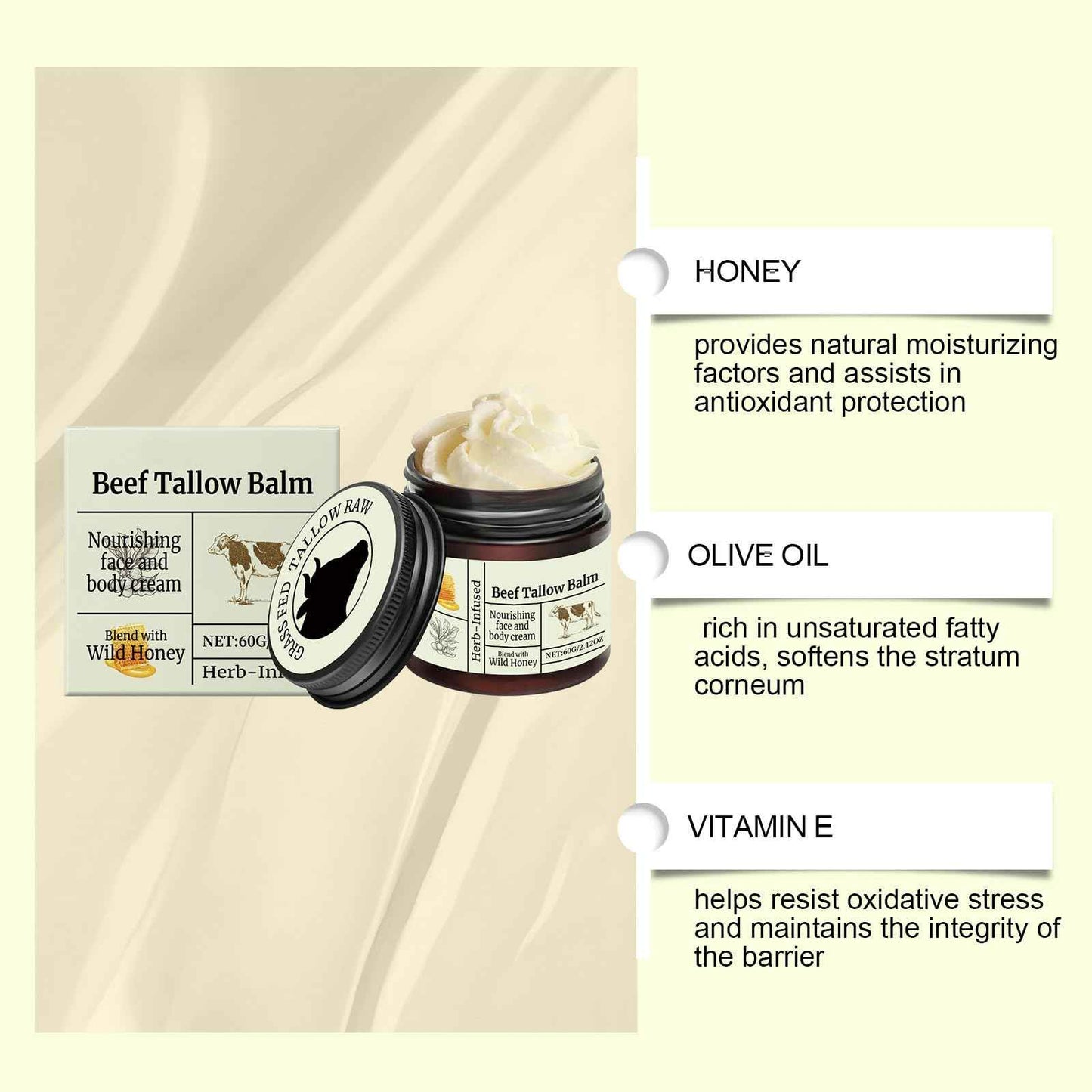 Beef Tallow for Skin Care - Tallow Honey Balm Face Cream | Whipped Body Butter for Dry Skin | Nourishing Face and Body Cream, 60g/2.12oz