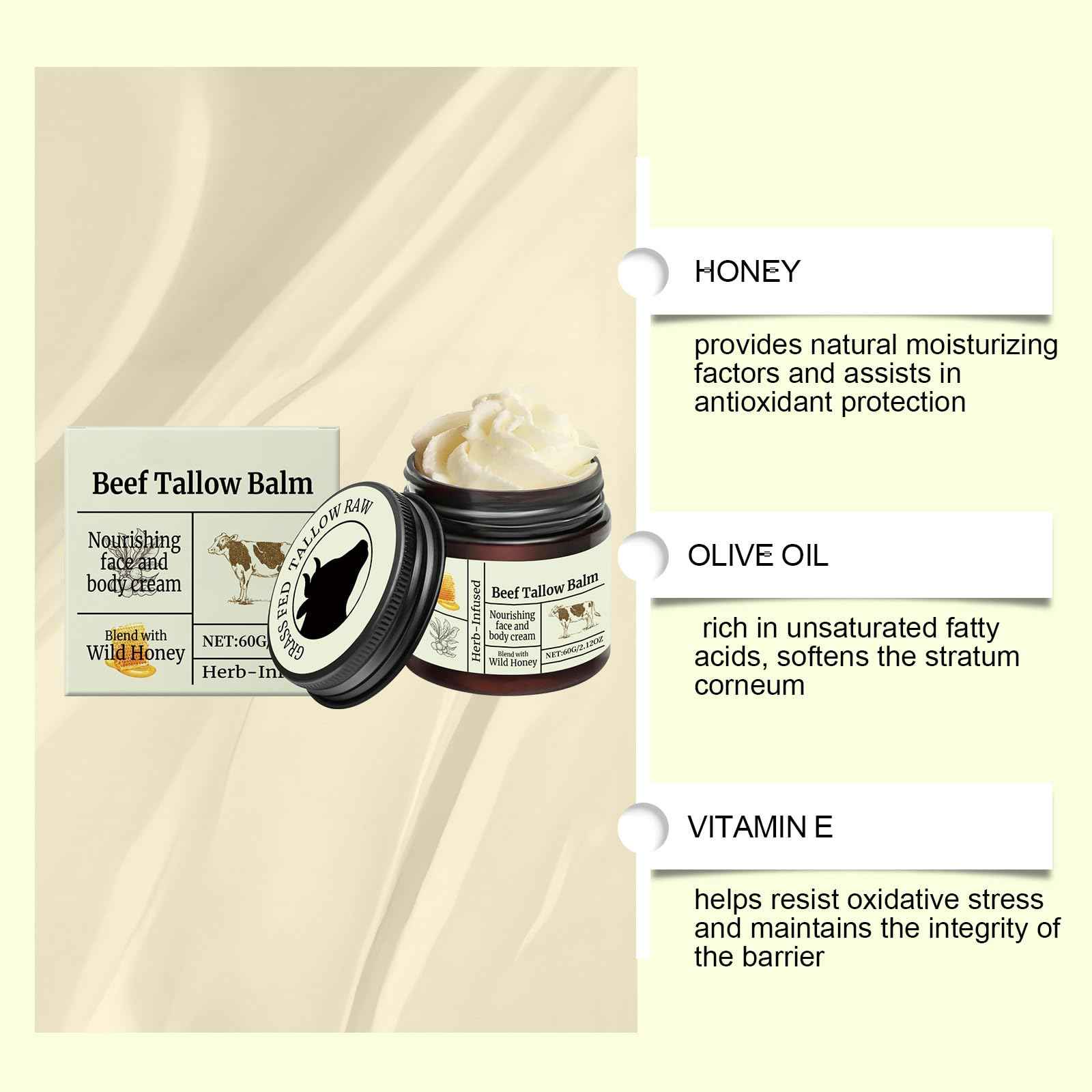 Beef Tallow for Skin Care - Tallow Honey Balm Face Cream | Whipped Body Butter for Dry Skin | Nourishing Face and Body Cream, 60g/2.12oz