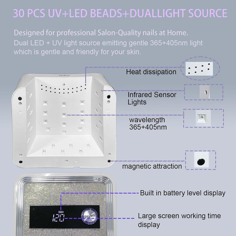 UV LED Nail Lamp - Cordless 120W Rechargeable Gel Nail Dryer with Timer | Portable Rhinestone Curing Light for Nail Art Enthusiasts