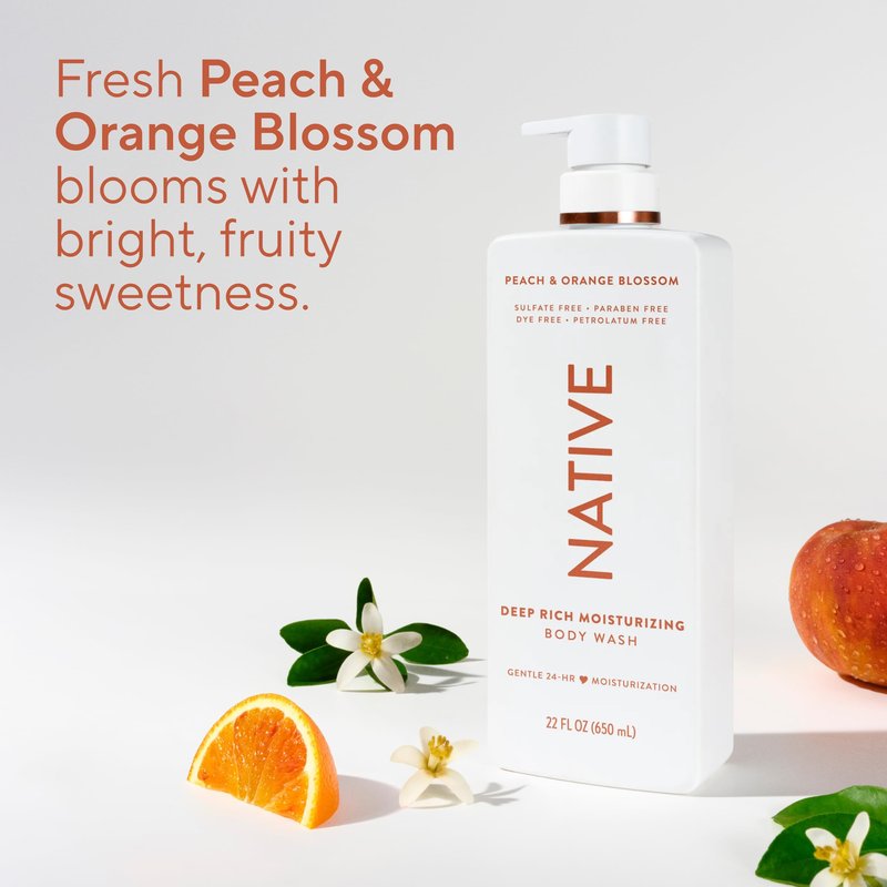 Native Peach & Orange Blossom Scent 24-Hour Moisturizing Bodywash for Women & Men, Clean & Gentle, for Dry or Sensitive Skin, Keeps Skin Healthy & Smooth, Free of Sulfates, Cruelty-Free, 22 oz