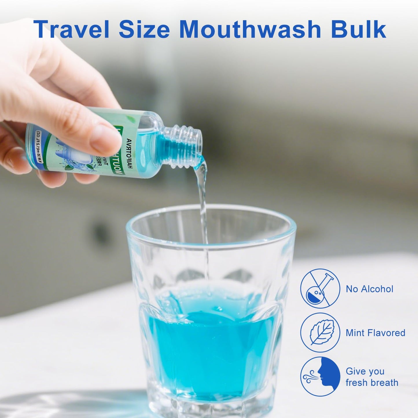 HAIFOTRVA 50 Pcs Mini Mouthwash Travel Size Bulk,Blue Portable Mint Flavor Mini Mouthwash Individual 35ml/1.2oz On the Go Mouth Wash Small Bottle for Travel,Office,Toiletry Kits