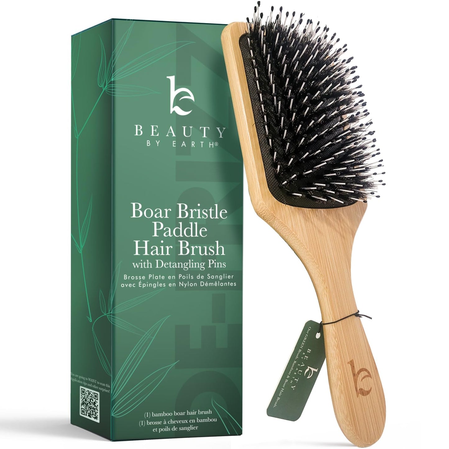 Boar Bristle Paddle Hair Brush - Detangling Wood Brush for Thick, Curly & Wavy Hair | Stimulates Scalp