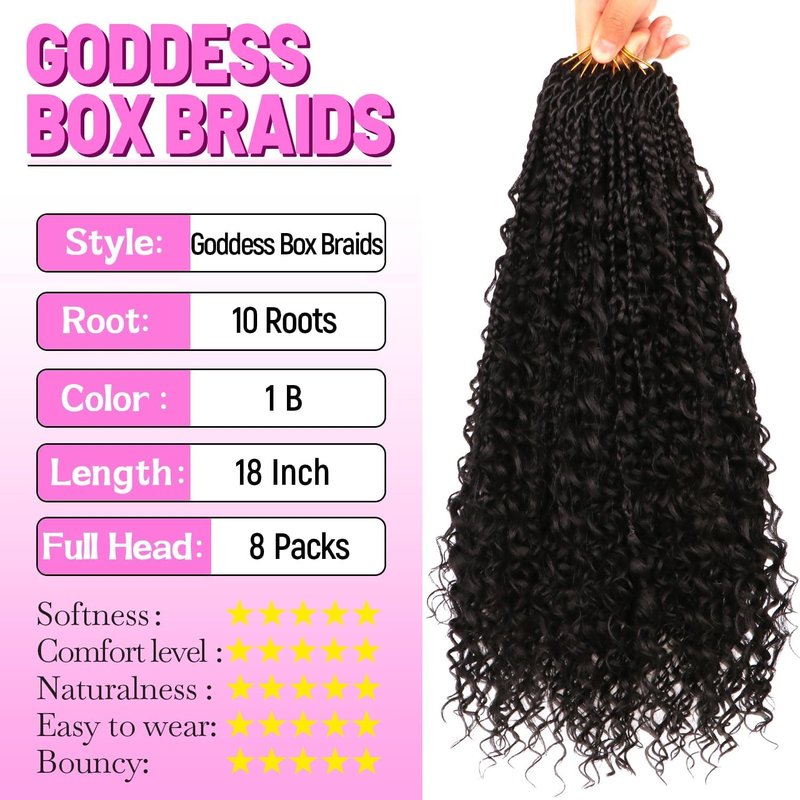 Goddess Boho Box Braids Crochet Hair-8 Packs 18 Inch Crochet Box Braids for Black Women Pre Looped (1B#, 18 Inch(Pack of 8))