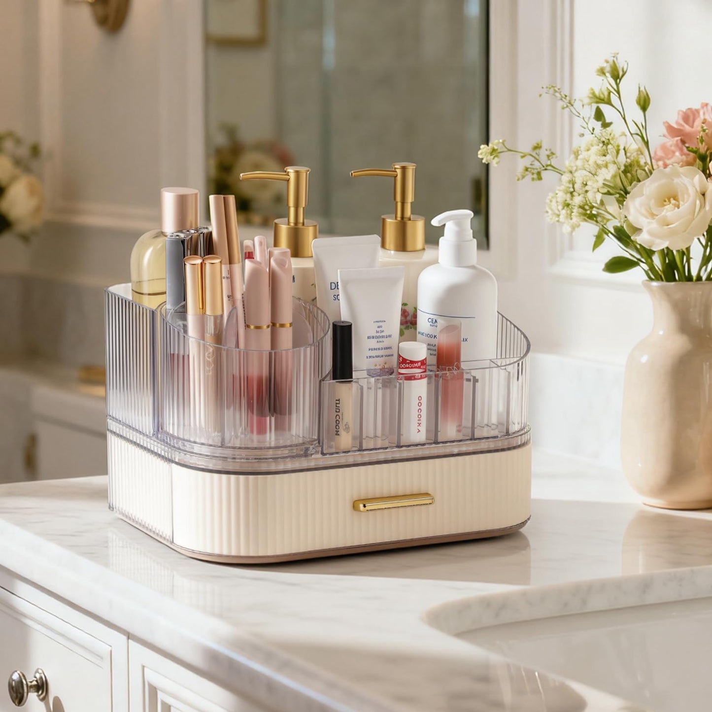 Delamu Makeup Organizer for Vanity with Stackable Drawer, 360 Rotating Makeup Brush Holder, Large Cosmetic Organizer with Tiered Storage for Skincare, Lipstick, Eyeshadow Brushes, Perfume, White