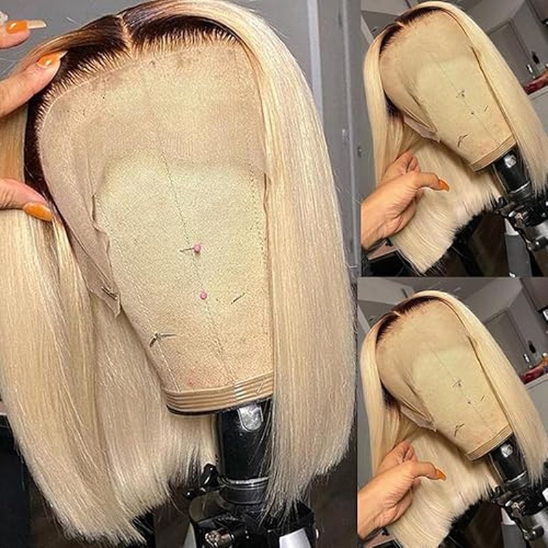 Ombre 613 Blonde Bob Lace Front Wigs Black to Blonde Dark Roots Colored Human Hair Wigs Glueless 13X4 HD Straight Brazilian Virgin Human Hair Wig Lace Wig for Black Women 150% Density (#1B/613)