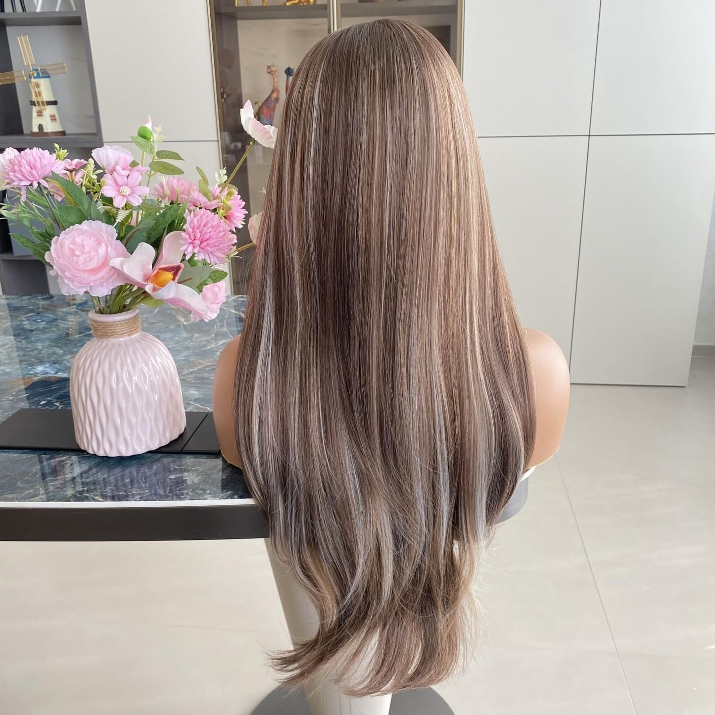 Carkira Ash Brown Wigs Mixed Honey Blonde Color Highlight Platinum Hair 13x4 Lace Front Wig Ombre Silver Loose Wave Synthetic 22Inch Pre Plucked for Women Girls