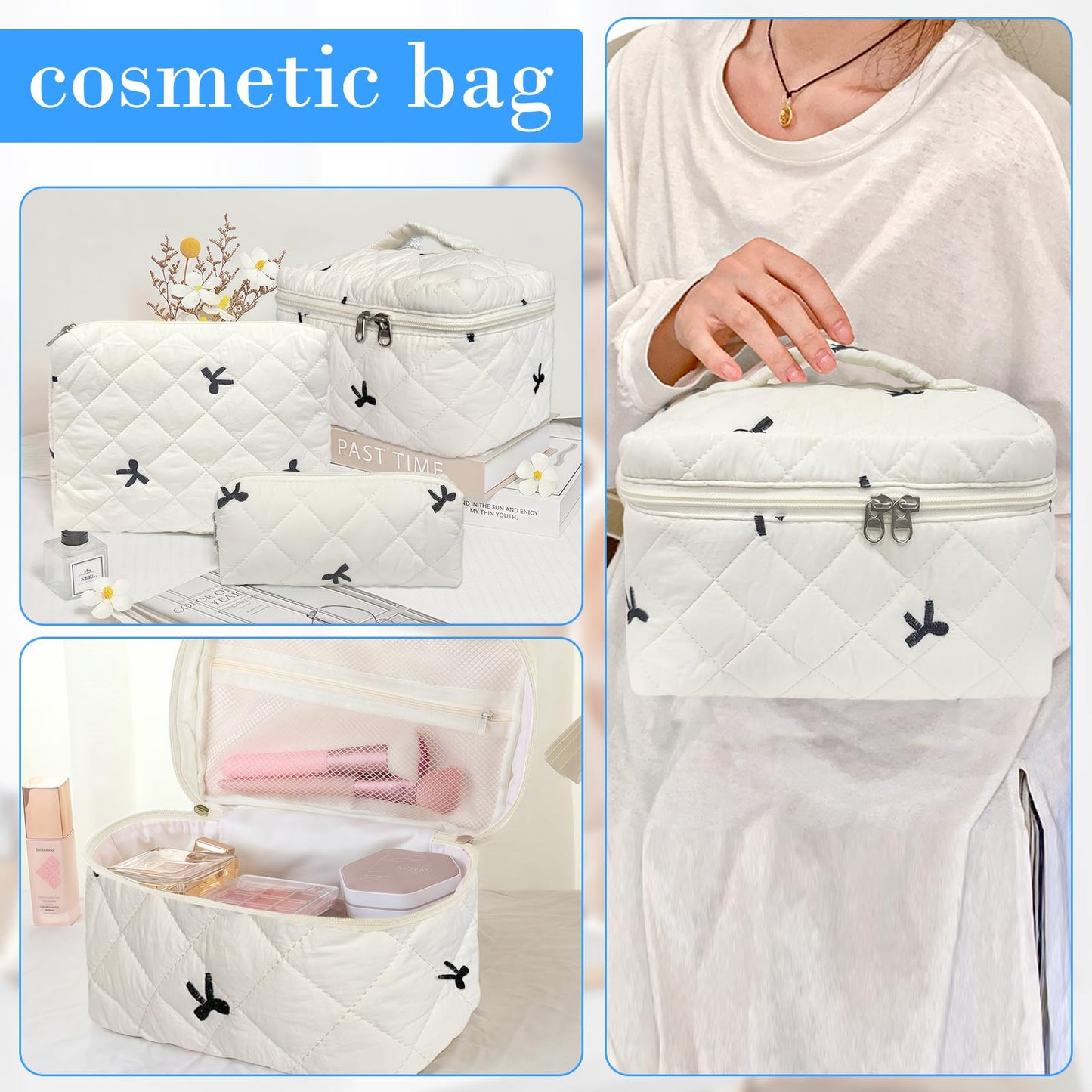 Cozomga Cute Cotton Quilted Makeup Bag Set, Large Travel Cosmetic Bag for Women, Big Make Up Bag with Toiletry Organizer, Aesthetic Storage for Daily Use & Travel