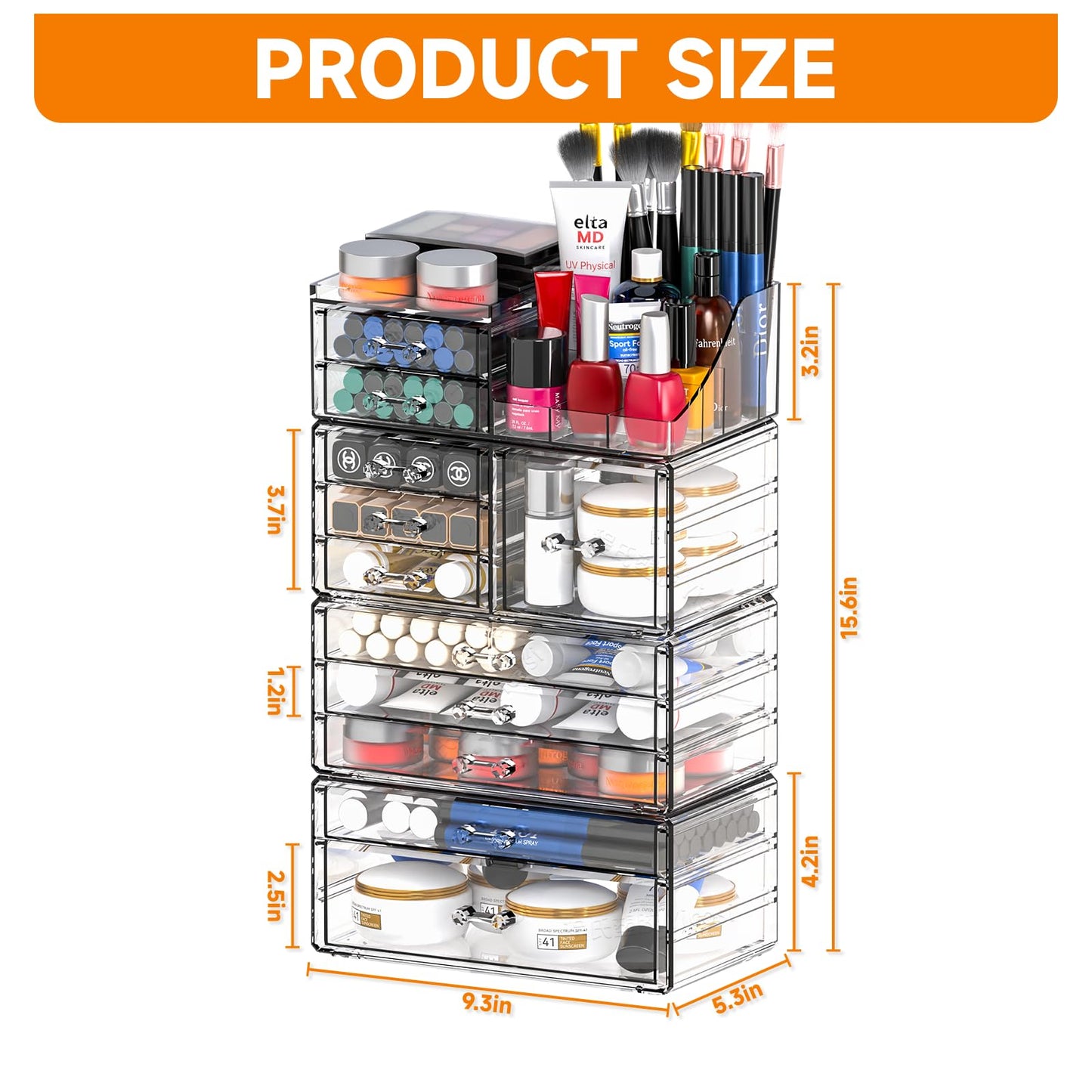 Acrylic Clear Makeup Organizer Countertop,Stackable Skincare Organizer for Vanity With 11 Drawer,Large Plastic Desk Accessories Organization,Bathroom Cosmetic Organizer Countertop for Beauty,Skin Care