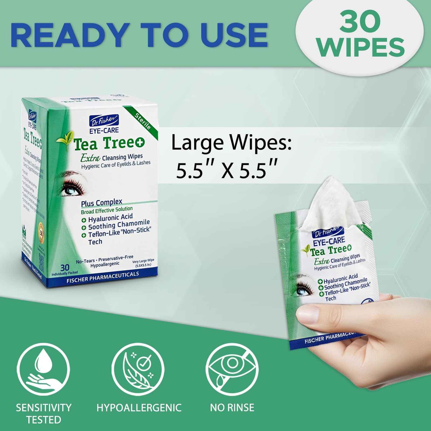 Dr. Fischer Tea Tree Oil Eye Wipes - Eyelid Wipes for Sensitive Eyes with Hyaluronic Acid and Chamomile, Makeup Remover, Daily Cleanser (30 wipes)