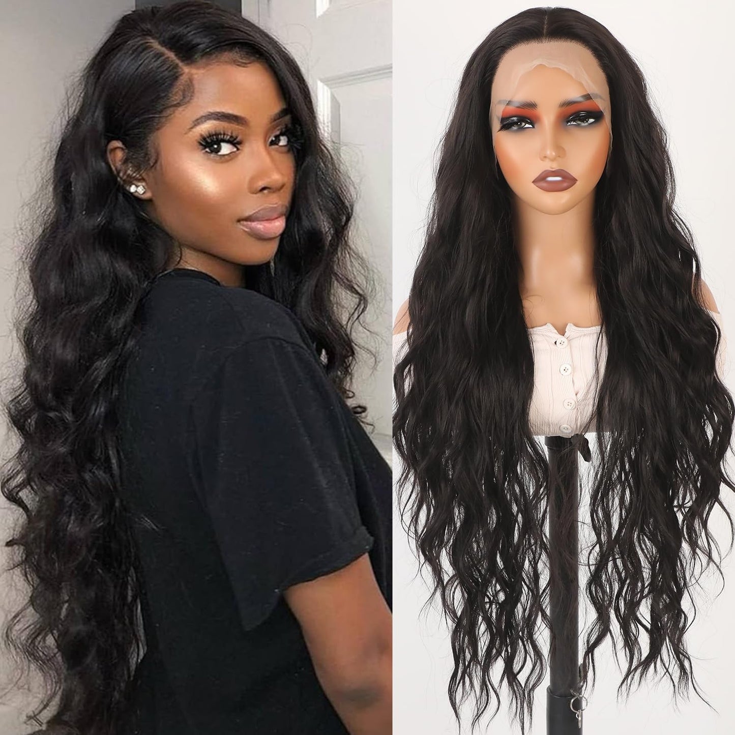 Missyvan Synthetic Lace Front Wig - Glueless Long Wavy Curly Black Hair | 30-Inch Natural Deep Wave