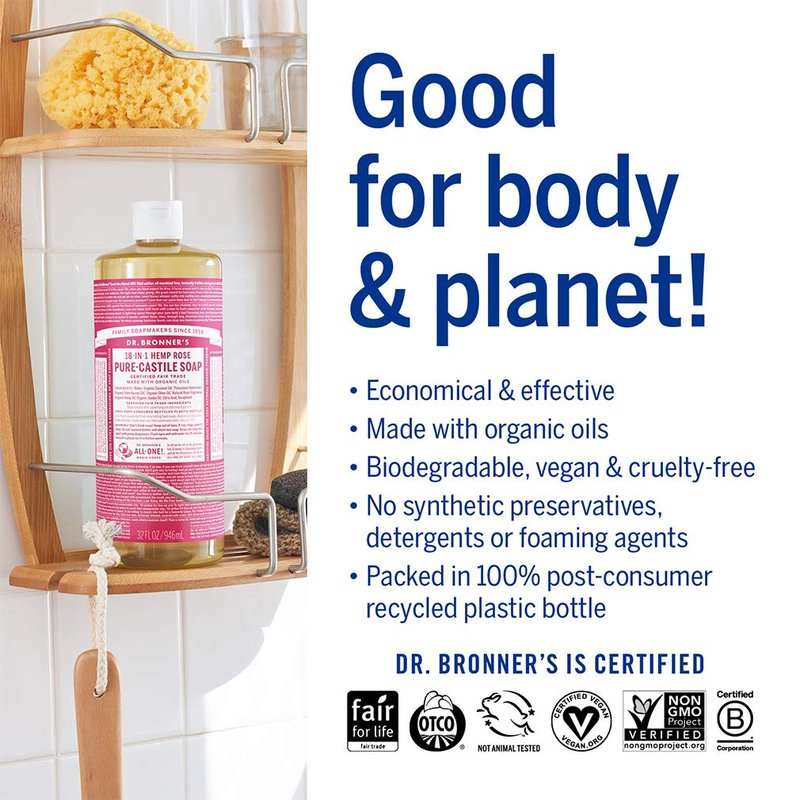 Dr. Bronner's Pure-Castile Liquid Soap - Rose Scent | 32 oz Bottle & 2 oz Travel Size