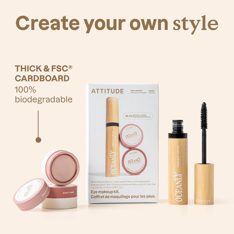 ATTITUDE Oceanly Brown Makeup Set, EWG Verified Eyeshadow and Lash Serum Infused Mascara, Vegan Beauty, Set of 3 Products