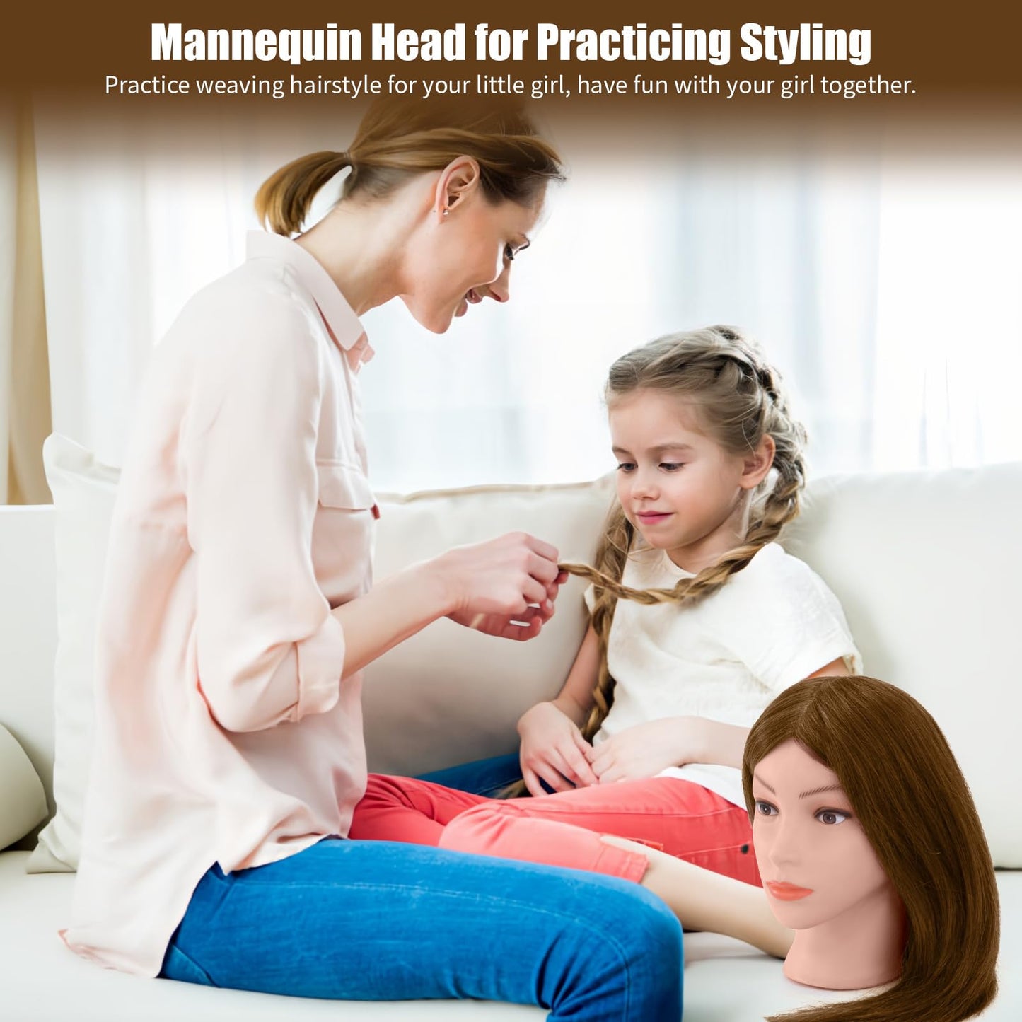 Mannequin Head 26" 100% Real Hair, Doll Head for Hair Styling & braiding with Table Clamp Holder + DIY Hair Styling Set, Mannequin Head for Cosmetology Training Head and Stylist Supplies（Light brown）
