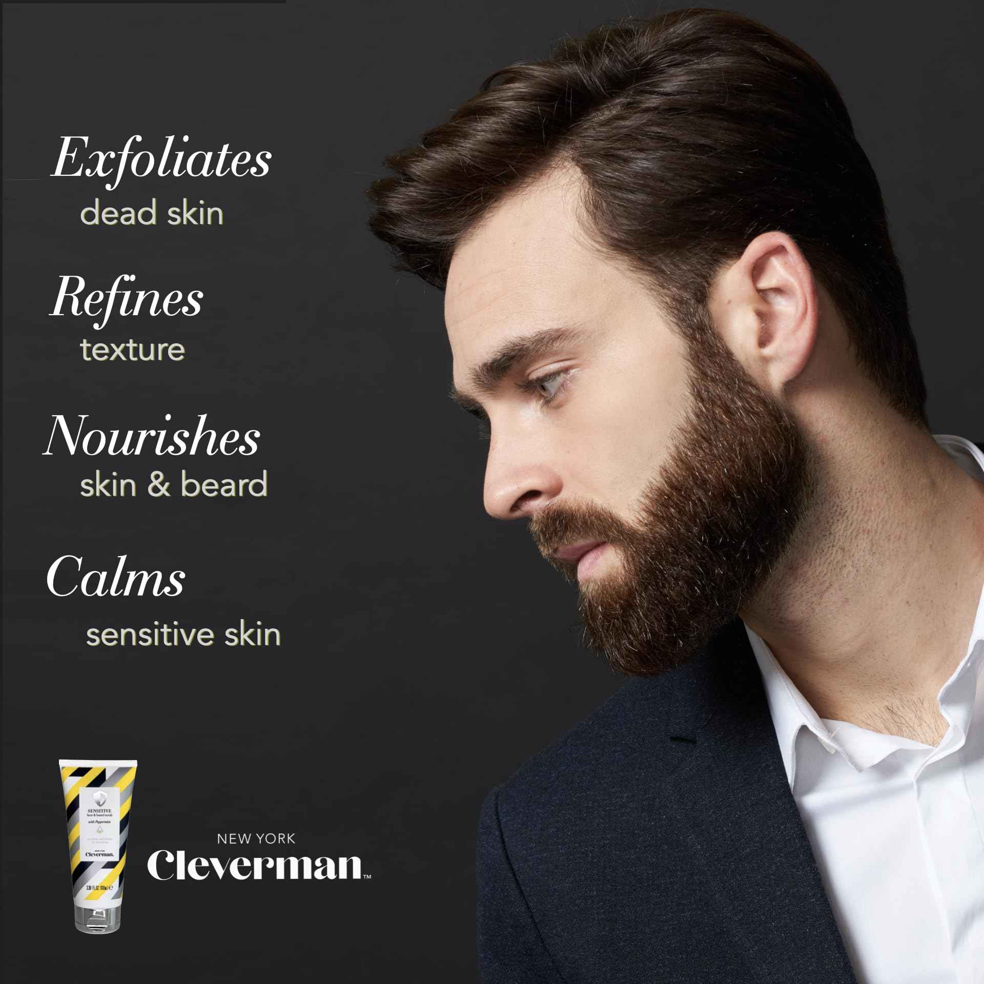 Cleverman Sensitive Face and Beard Scrub for Men, 100ml, Peppermint-Infused Exfoliating Facial Cleanser