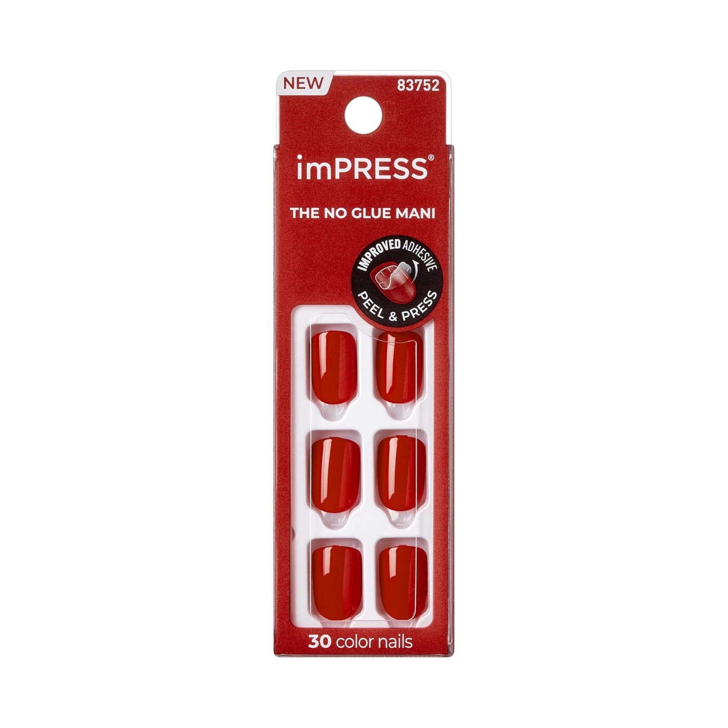 Kiss Impress No Glue Mani Press On Nails Kit, Reddy or Not, 30 Red Peel and Stick Nails, Super Slim Short Squoval, Glossy Gel Finish, PureFit Technology, Includes Prep Pad, Manicure Stick & Mini File