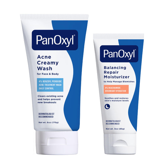Bundle of PanOxyl Acne Foaming Wash Benzoyl Peroxide 10% Maximum Strength Antimicrobial, 5.5 Oz + PanOxyl PM Balancing Repair Moisturizer with Niacinamide, Ceramides and Cica, 3 oz
