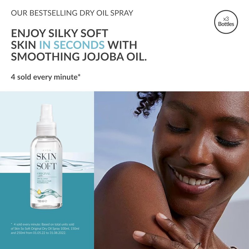 AVON SKIN SO SOFT Original Jojoba Oil Spray – Lightweight DRY Oil with Natural Moisturizing JOJOBA for Silky Smooth, Hydrated Skin 5.Fl Oz 150 ML (4- PACK)
