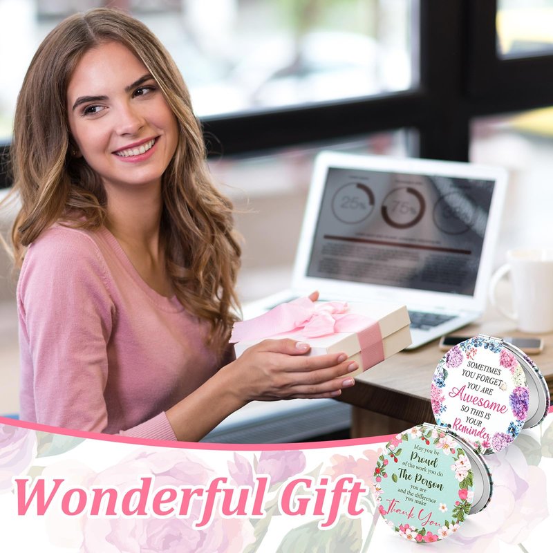 Pinkunn 24 Pcs Thank You Teacher Gifts Inspirational Compact Mirror Appreciation Gift Handheld Double Sided Magnifying Round Portable Pocket Small Travel Makeup Purse Mirror for Women Girl Coworker