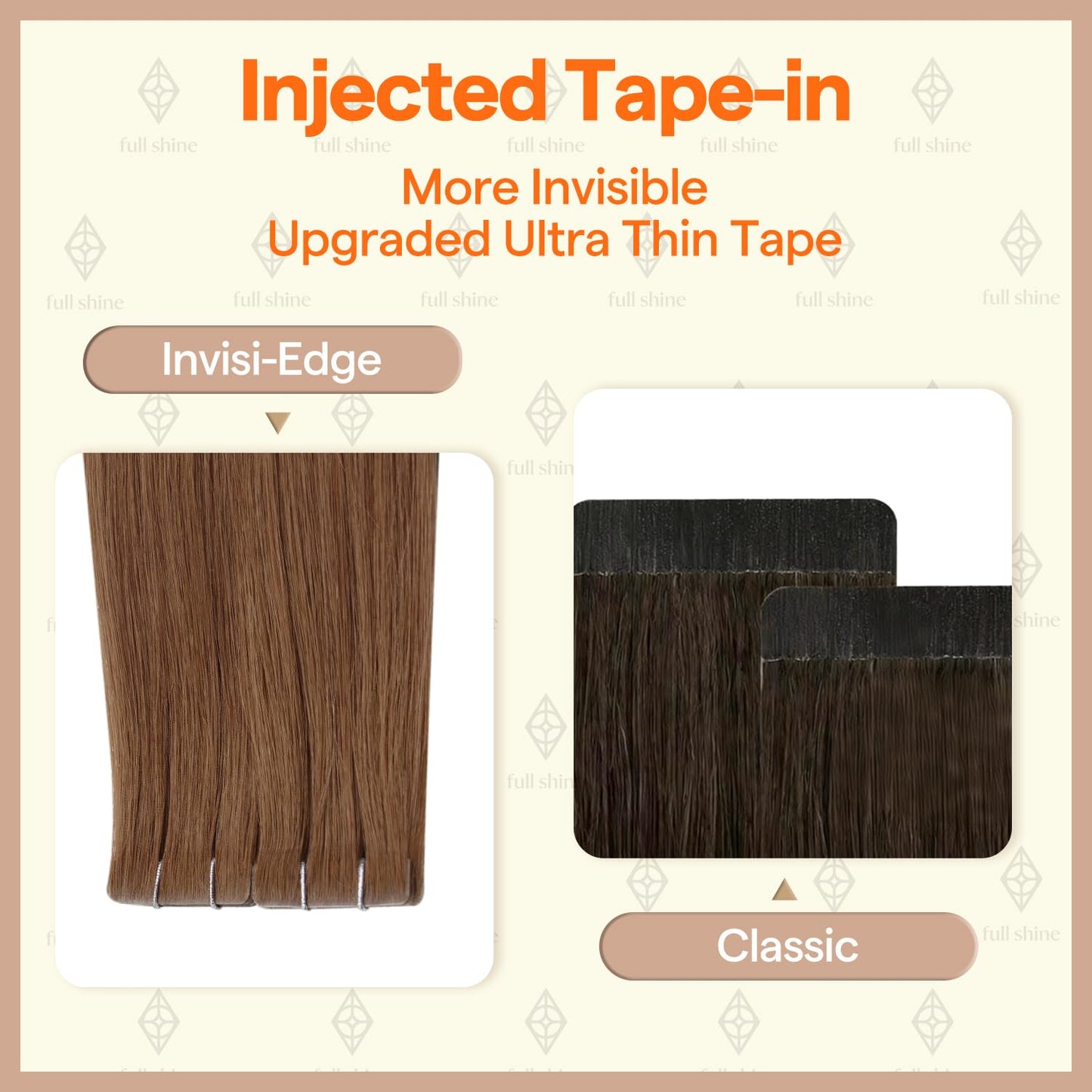 Full Shine Invisible Tape in Hair Extensions Human Hair, Color 330 Copper Rose, Injected Tape in Extensions, 10Grams, 5Pcs, 16 Inch, Virgin Hair, Natural Soft, Bridal Waves