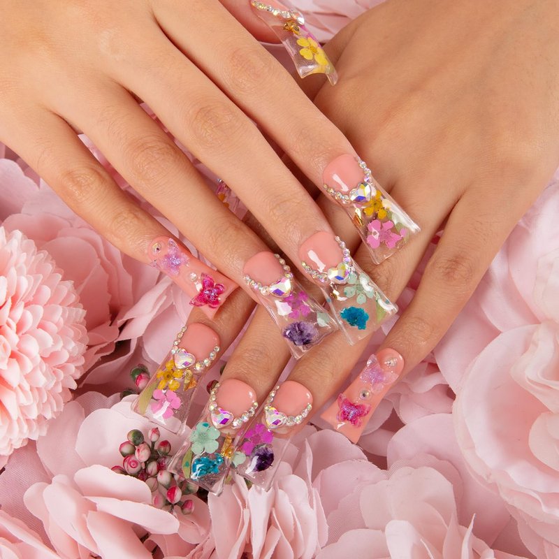 LOVFUL Press on Duck Nails Flora | Salon Quality Handmade Acrylic with Full Covered Crystals | Reusable Fake Nails | Duck Classic Regular 1.3 in | H176-M
