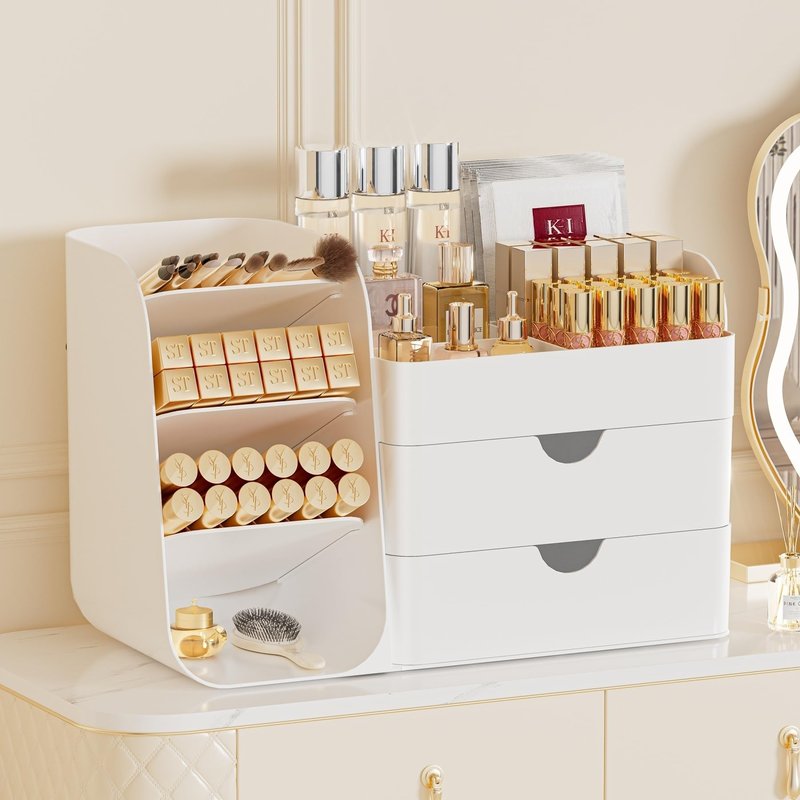 KQJS Makeup Organizer with Drawers, Large Capacity Countertop Organizer for Vanity, Bathroom and Bedroom Desk Cosmetics Organizer, Easy To Storage Skincare, Brushes, Eyeshadow, Lipstick (All White)
