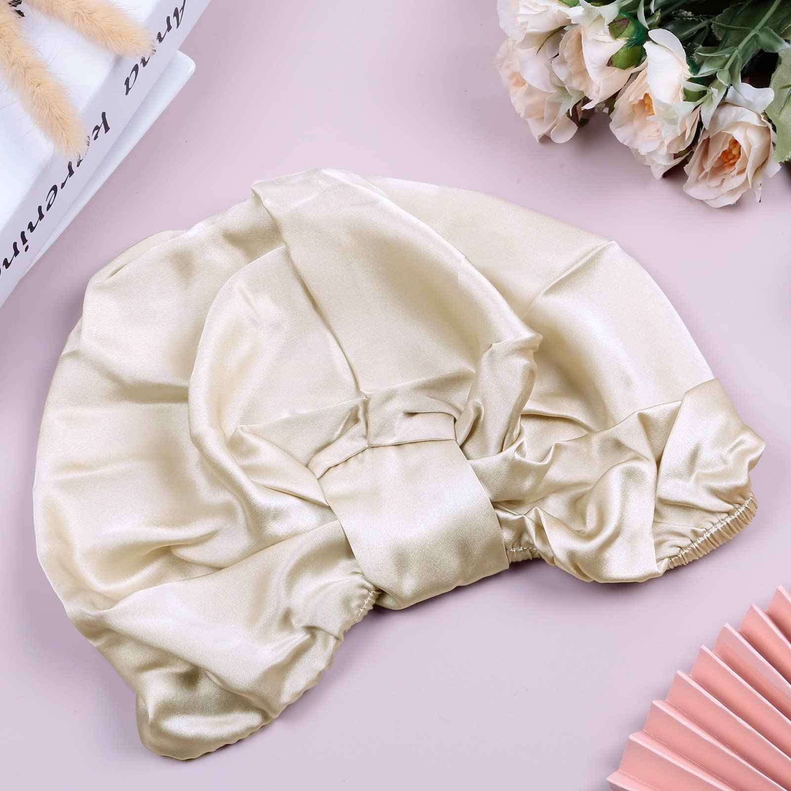 Sportmusies Mulberry Silk Sleep Cap Hair Care Elastic Ruched Nightcap for Long Hair Breathable Satin Bonnet, Khaki