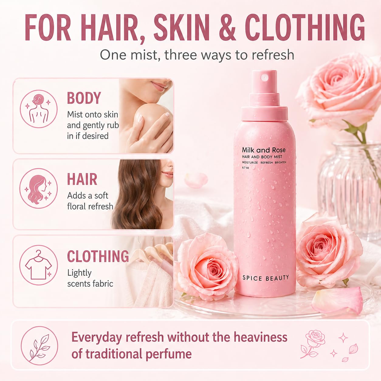 SPICE BEAUTY Milk & Rose Hair & Body Mist | Hydrating Floral Mist for Hair, Skin & Clothing | Rose, Goat Milk & Skin-Loving Ingredients | 6.7 oz