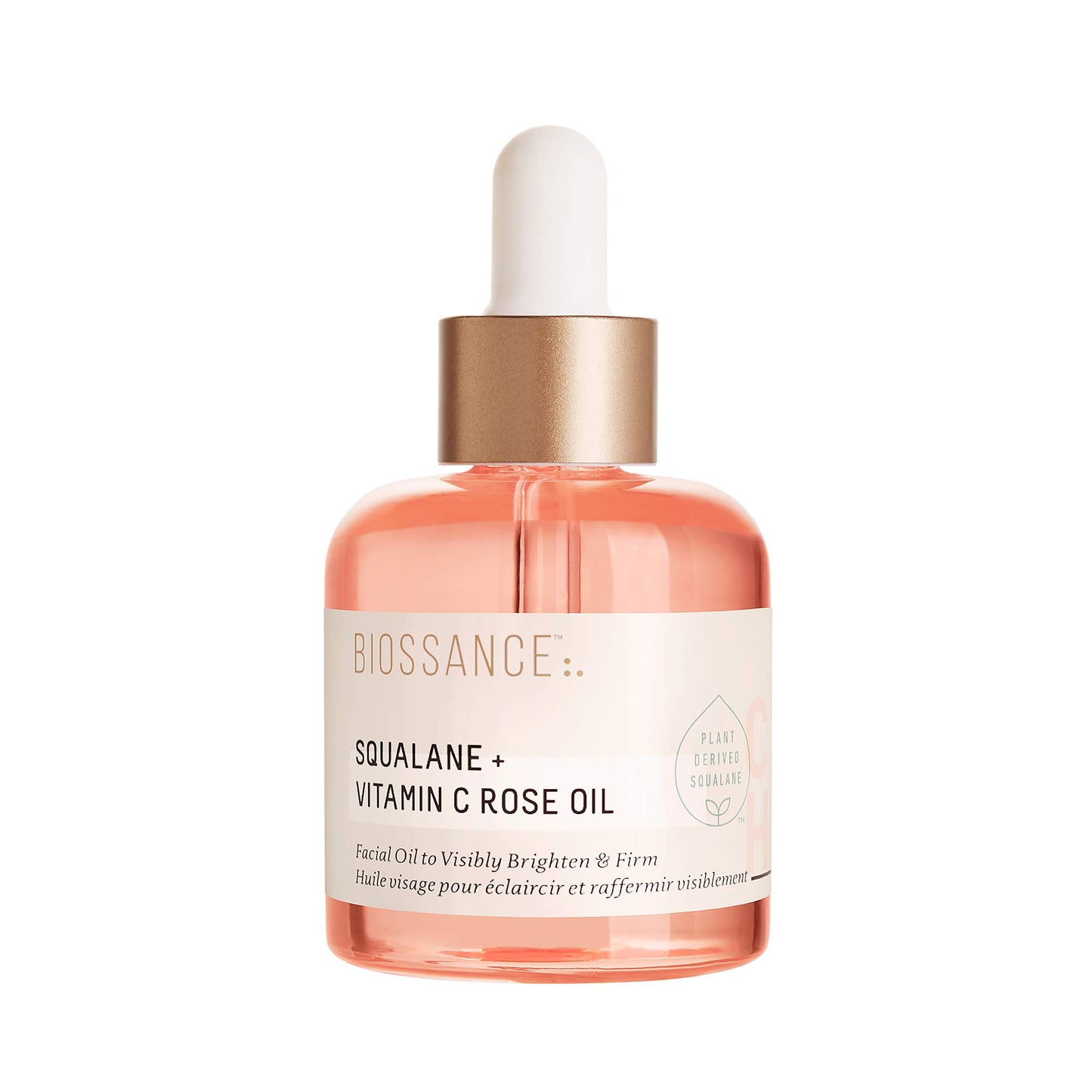BIOSSANCE Squalane + Vitamin C Rose Advanced Facial Oil - Brightening, Firming, and Hydrating Serum for All Skin Types - Chios Crystal Oil, Damascus Rose Extract & Squalane for Radiance - 0.5oz