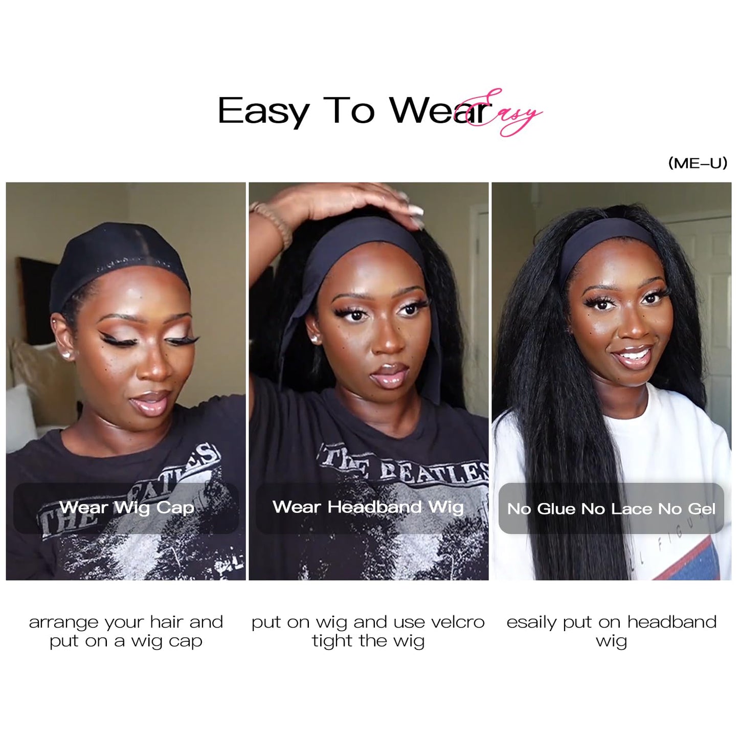 ME-U Headband Wig Human Hair Kinky Straight Guleless Wigs for Black Women Wear and Go 180% Density Yaki Straight Wig No Lace Natural Black Color 26 Inch