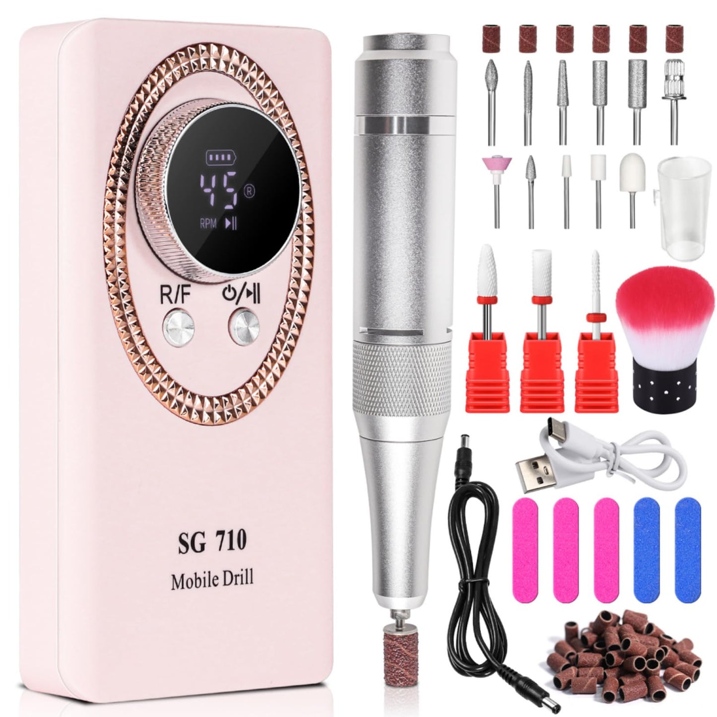 Electric Nail File for Acrylic Nail Kit 45000RPM Electric Pink Nail Drill Professional Manicure Pedicure Set with Nail Drill Kit Bits Efile Cordless for Manicure