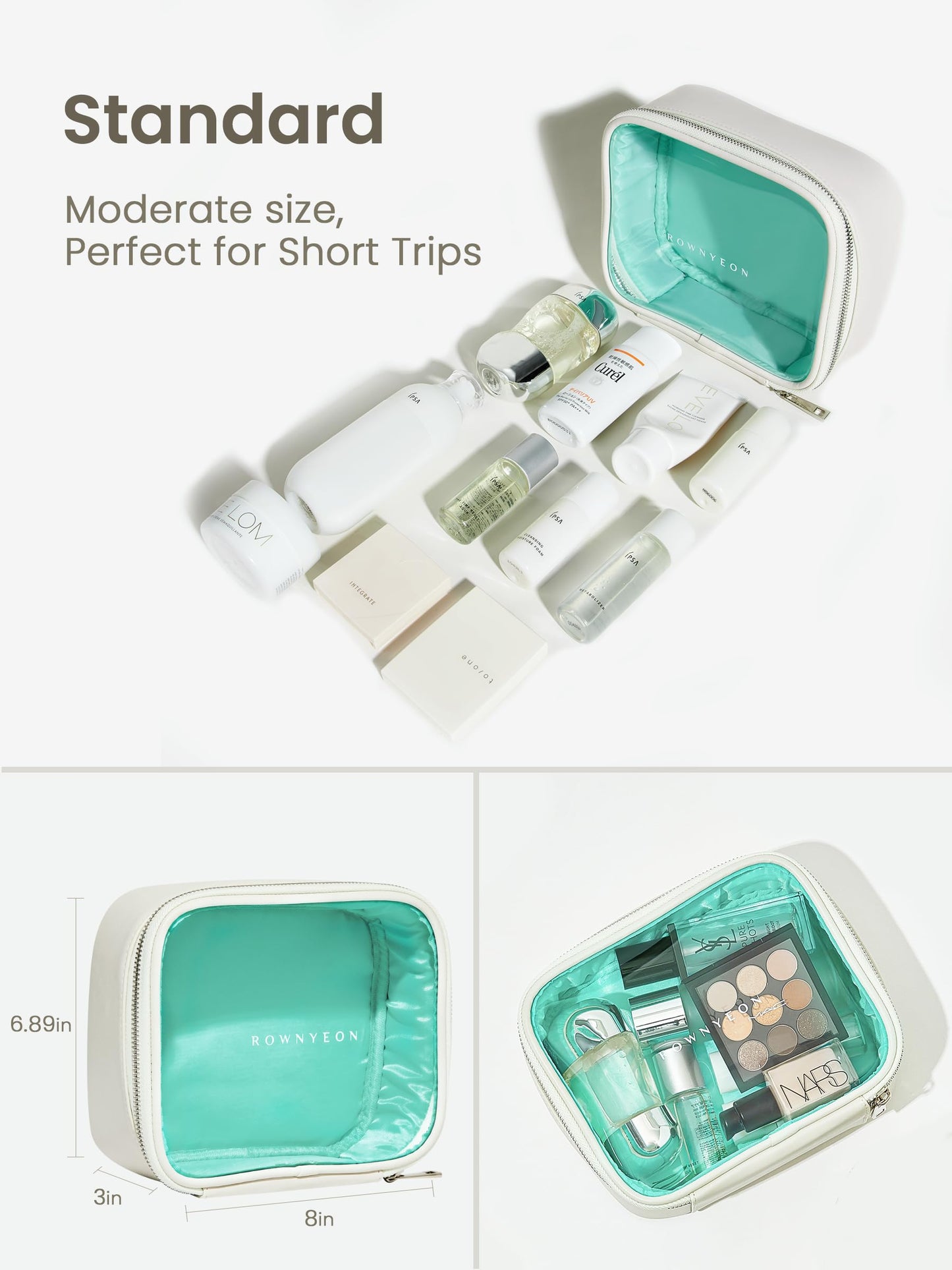 ROWNYEON 3-Piece Premium Cosmetic Organizer Set - Clear PVC & Faux Leather Storage Bags with Jewel-Tone Blue Lining, Waterproof Travel Toiletry Cases for Home/Carry-On (Jumbo/Medium/Mini)