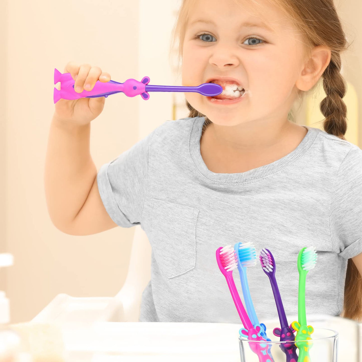 Gerrii Kids Toothbrushes Bulk Soft Lovely Little Kangaroo with Covers Suction Cup Individually Wrapped for Children Toddler Home School Camp Daycare Travel(100 Pcs)