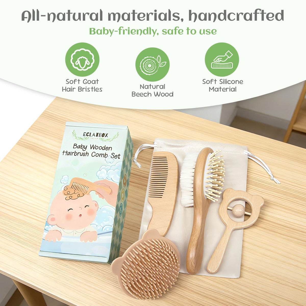 Baby Hair Bush and Comb Set, 5 Pack Wooden Baby Brush with Soft Goat Bristle for Newborns and Toddlers, Perfect for Cradle Cap, Baby Registry Gift, Infant Essentials Care Kit