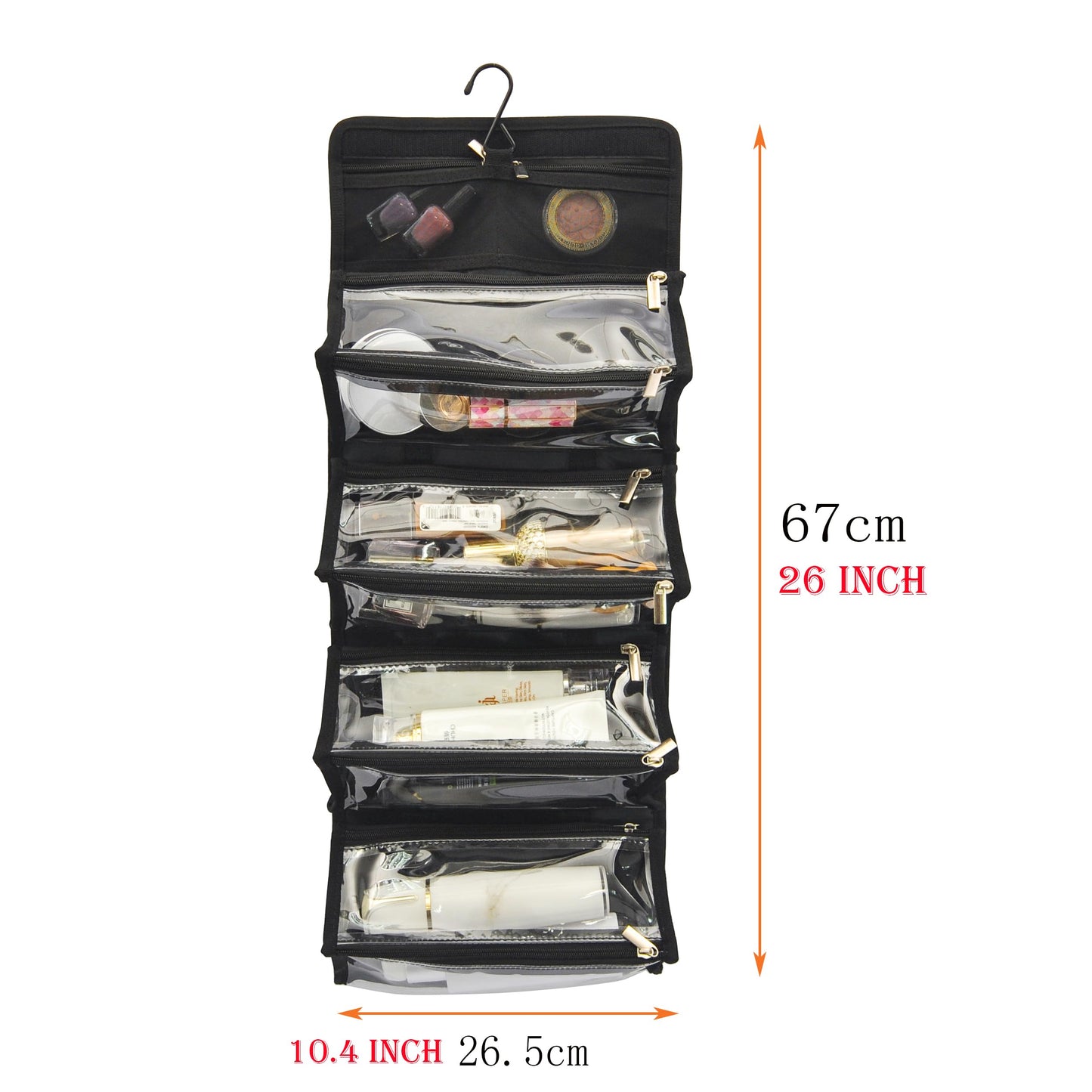 Jula Vance Large Capacity Hanging Eco Polyester Travel Toiletry Bag Makeup Cosmetic Bag 4-in-1 Roll-Up Make Up Storage Organizer With 4 detachable Removable Zipper Clear TPU Pouches & Hook