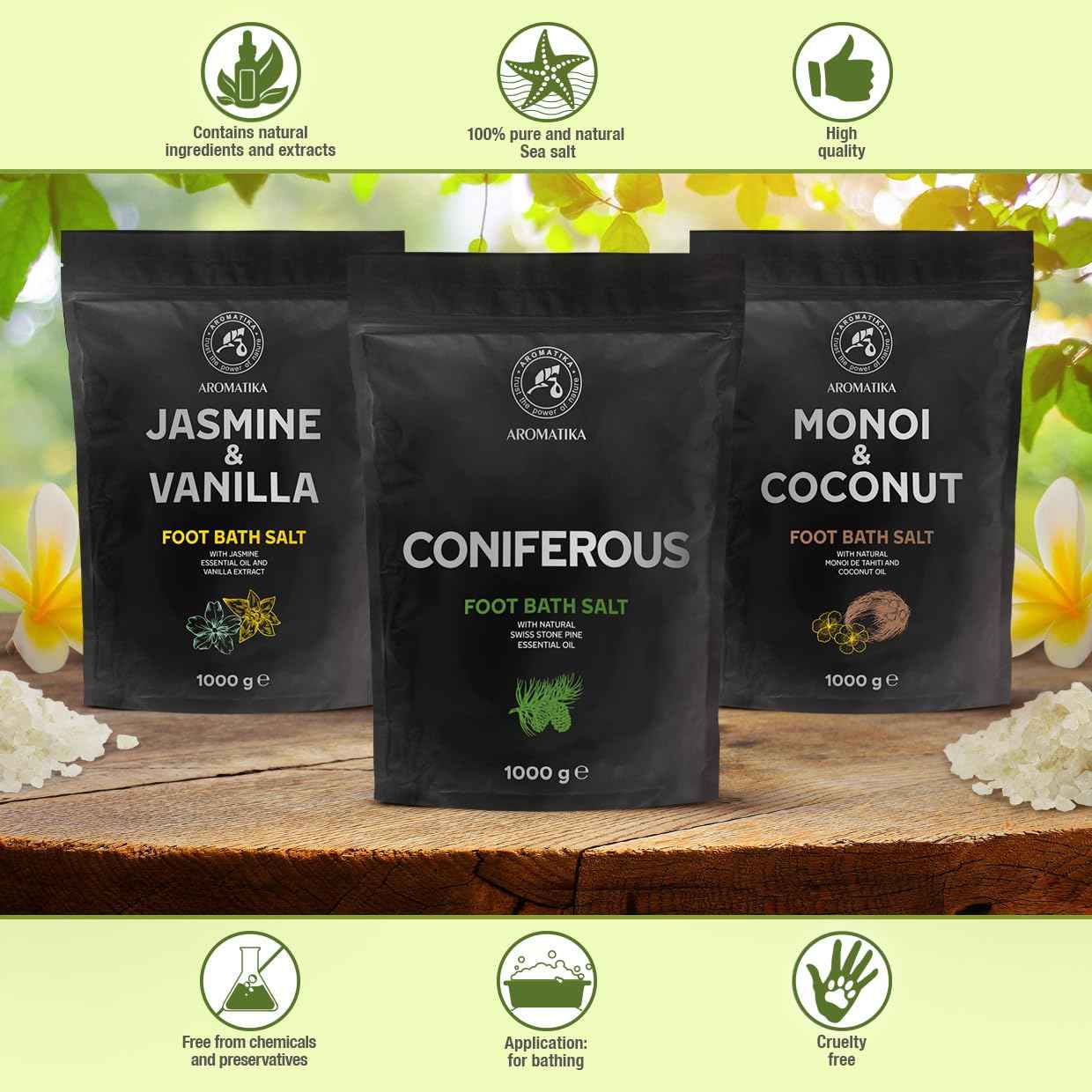 Foot Bath Salt Coniferous 35Oz - Pedicure Foot Bath Salt - Foot Bath Additive with Natural Sea Salt - Swiss Stone Pine Essential Oil - Foot Care for Tired Feet - Beauty - Relaxation - Aromatherapy