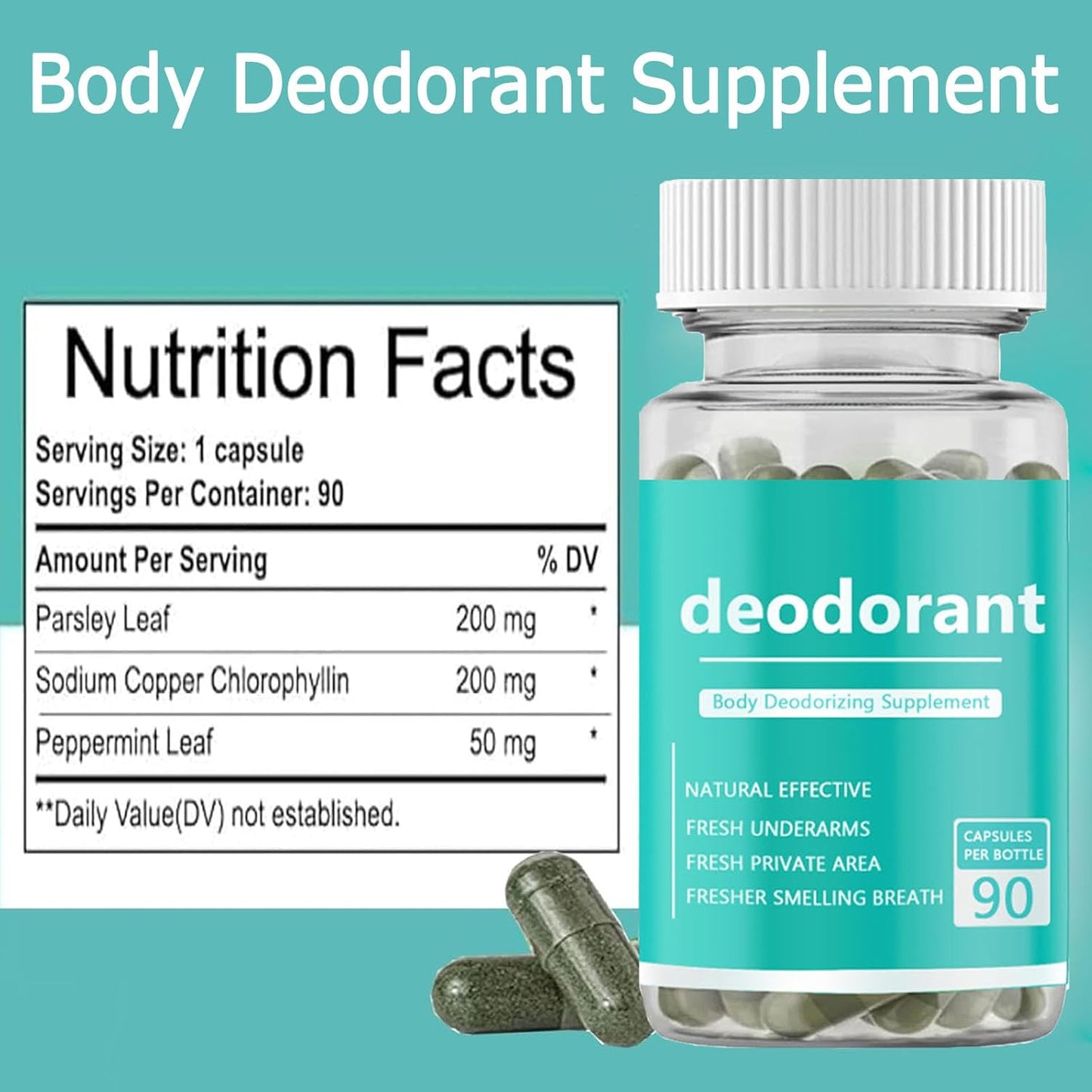 Body Deodorizing Supplement - Chlorophyll Capsules for Odor Control | 90 Count for Men & Women