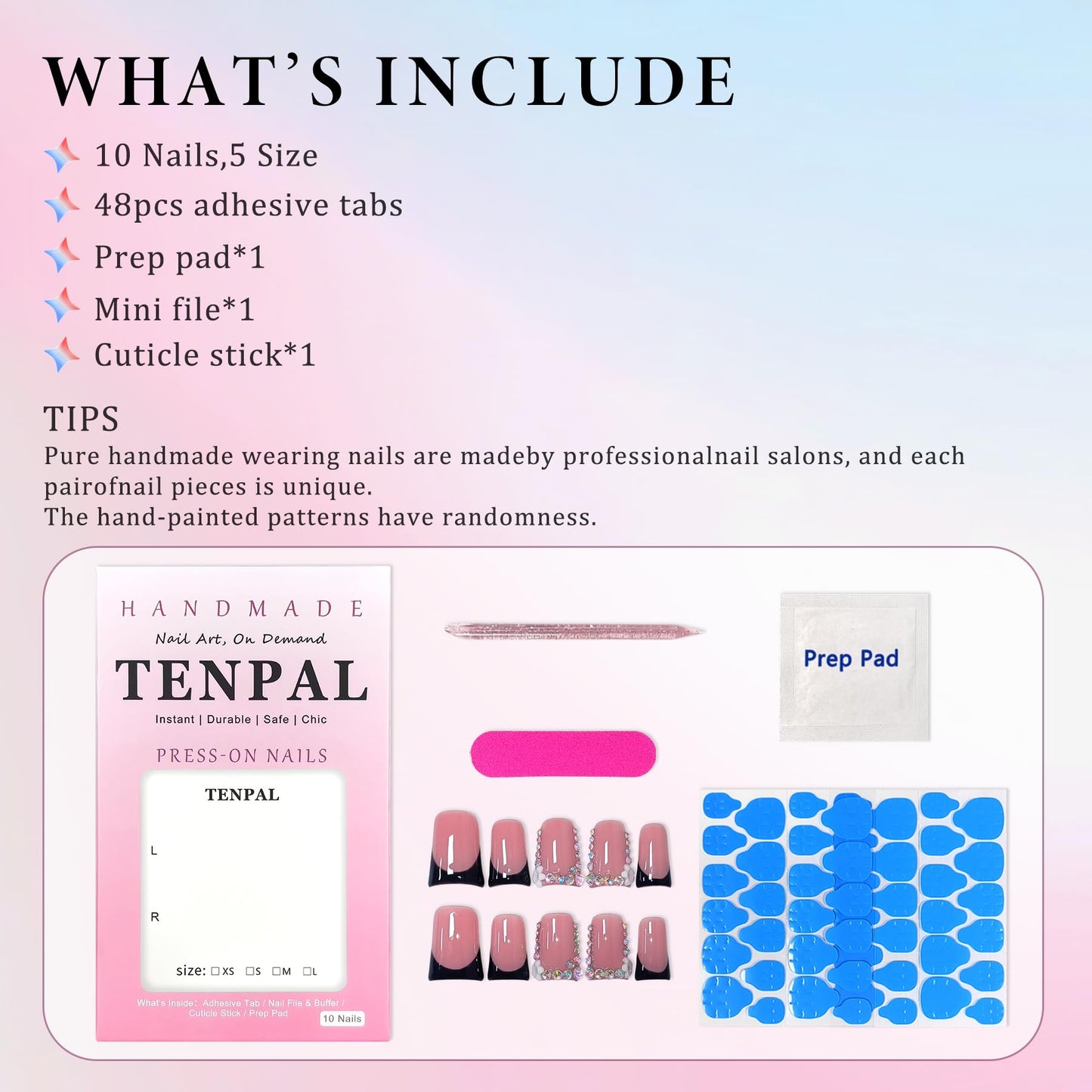 TENPAL Handmade Duck Nails Press on,Pink & Black French Tip Duckbill Tips with Rhinestone Edge,10PCS Glossy Glue on Nails Kit,Glitter Acrylic False Nails with Design,Y2K Punk Fake Nail for Women(M)