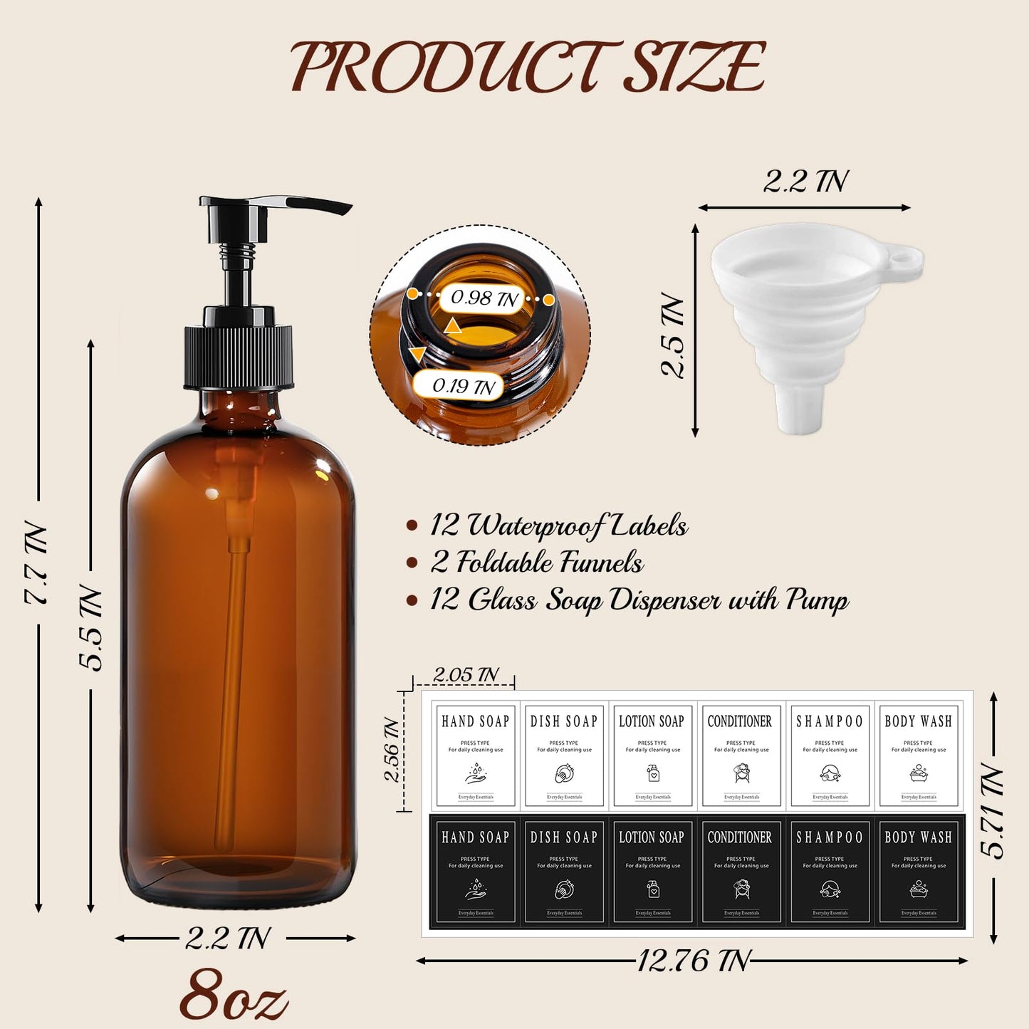 12 Pack Amber Glass Bottles 8oz with Pump Dispensers, Refillable Empty Pump Bottles for Bathroom, Kitchen, Shampoo, Soap, Lotion – Includes 2 Funnels & 12 Labels