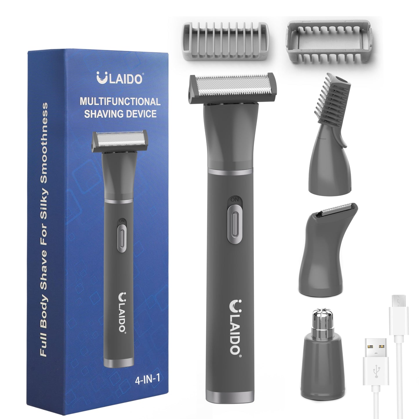 ULAIDO Body Hair Trimmer for Men, 4 in 1 Versatile Trimmer Shavers for Groin/Ball/Beard/Eyebrow/Nose/Ear Hair Shaver, USB-C Electric Pubic Hair Trimmer for Smooth Shaving with Storage Bag