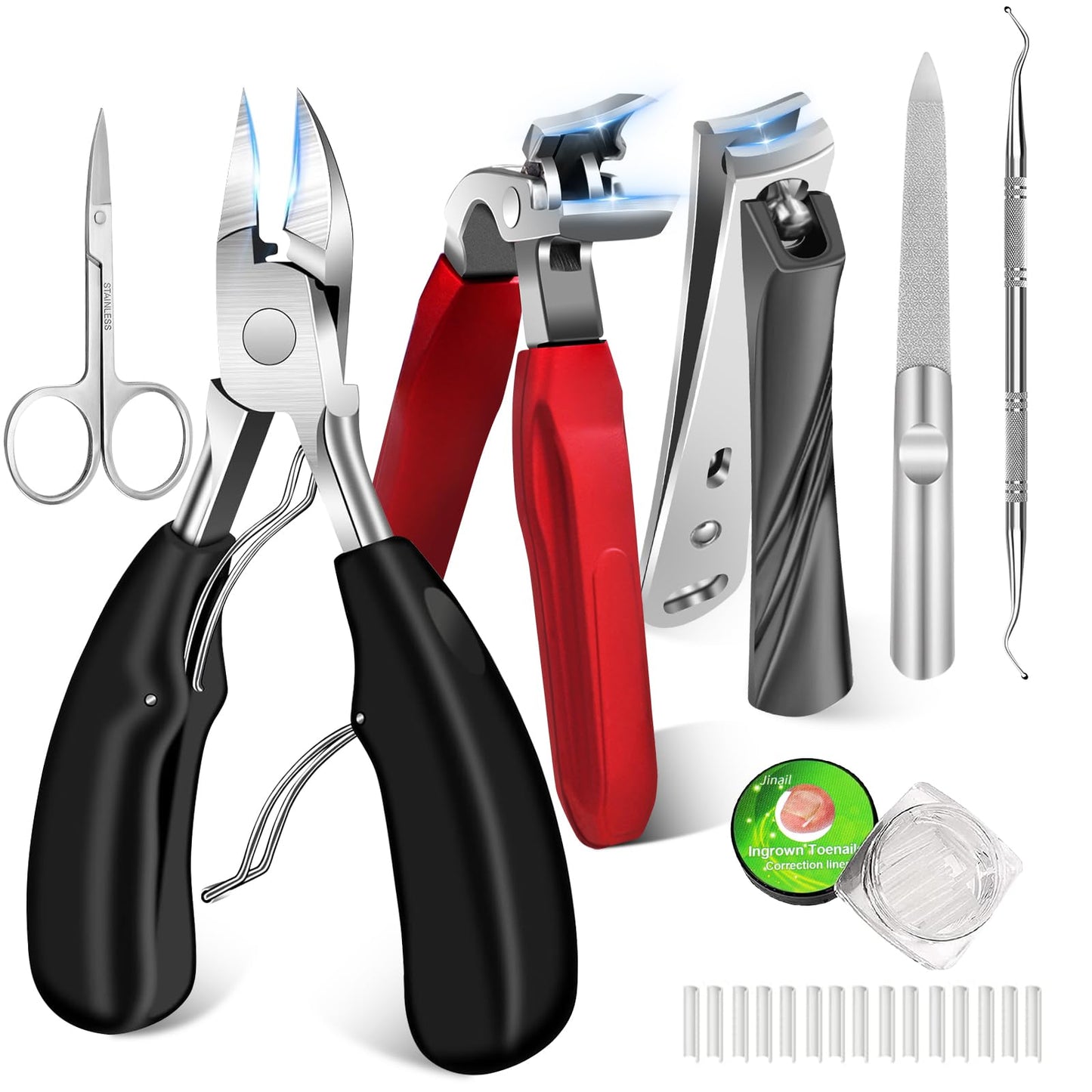 DUAIU 7Pcs Toenail Clippers for Thick Nails, Angled Head Large Nail Clippers for Senior, Heavy Duty Ingrown Toenail Clipper Sets with Wide Jaw, Sharp Nail Clipper Kits for Men and Women, Long Handle