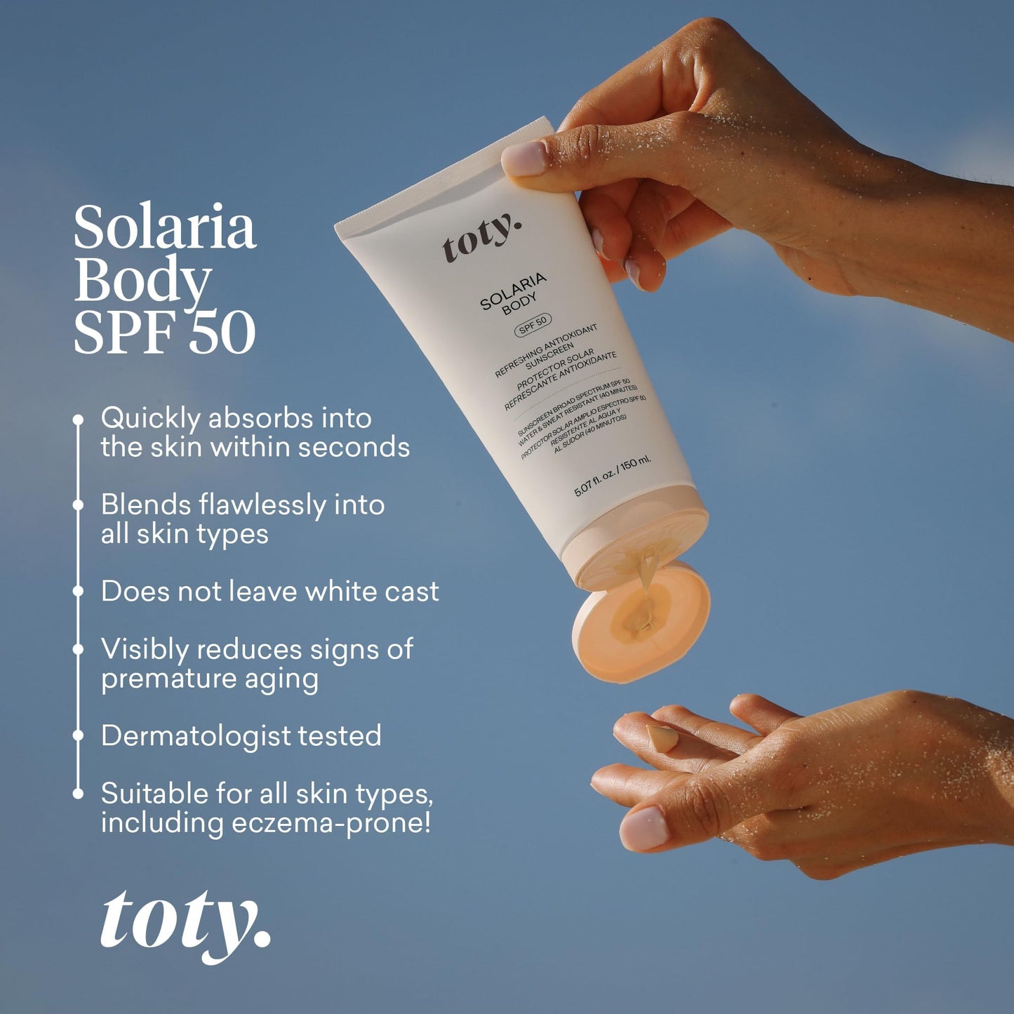 Toty by Sofia Vergara - Solaria Body SPF 50 Refreshing Antioxidant Sunscreen - UVA/UVB Protection - Weightless Body SPF for All Skin Types - Water & Sweat Resistant - 5.07 fl oz