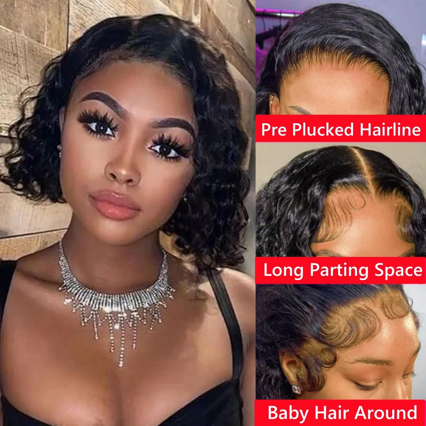 Nakkia Bob Wig Human Hair 13x6 Deep Wave Lace Front Wigs 13x6 Lace Frontal 180% Density Curly Bob Wig Human Hair Pre Plucked for Women Natural Black 8 Inch