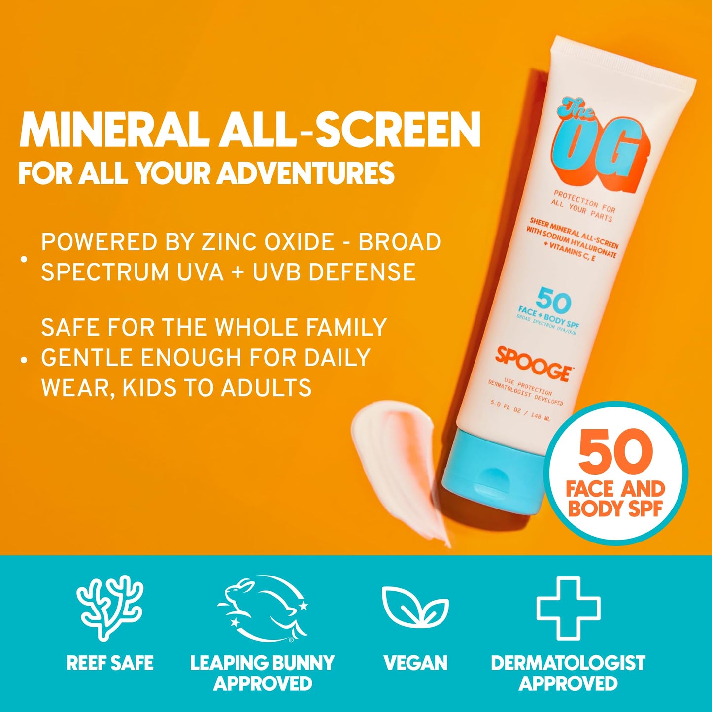 Spooge The OG | Mineral Sunscreen SPF 50 | Zinc Oxide Sunblock | Non Toxic Sunscreen For Face & Body | Dermatologist Developed Formula | Aloe & Vitamins C, E | Reef Safe Sunblock | 5oz